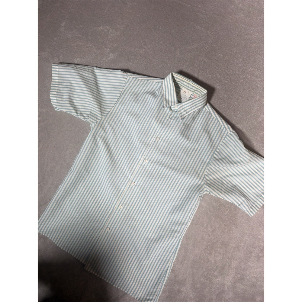 U Men's S Blue/White Striped Cotton Short Sleeve Point Collar Button-Up Shirt